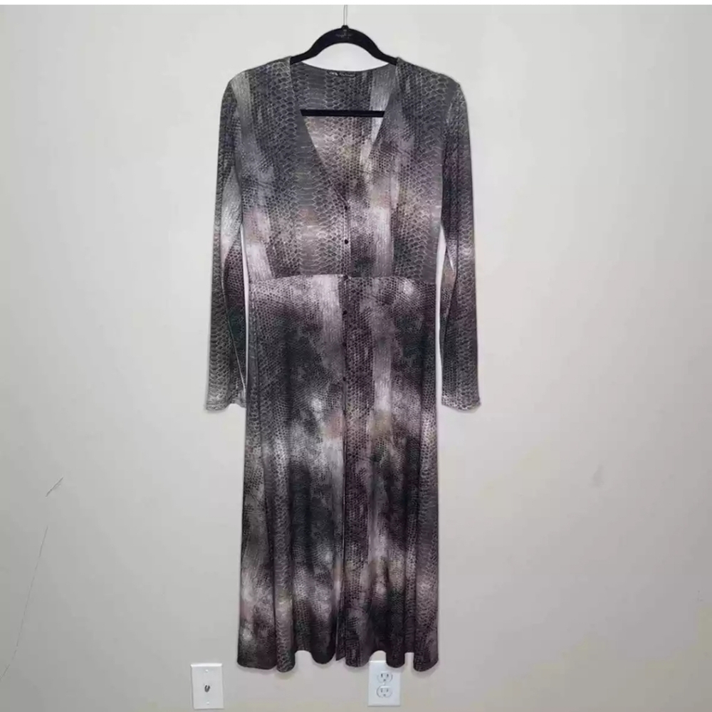 Zara Dress Womens Medium  V Neck Button Down Reptile Print Midi Dress